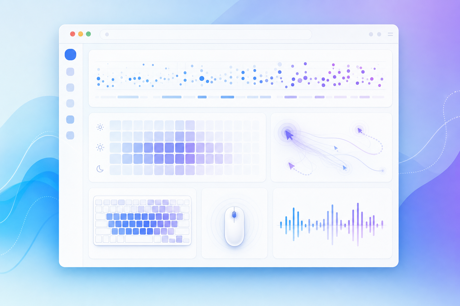 Abstract browser activity dashboard with website visits, time blocks, and attention signals