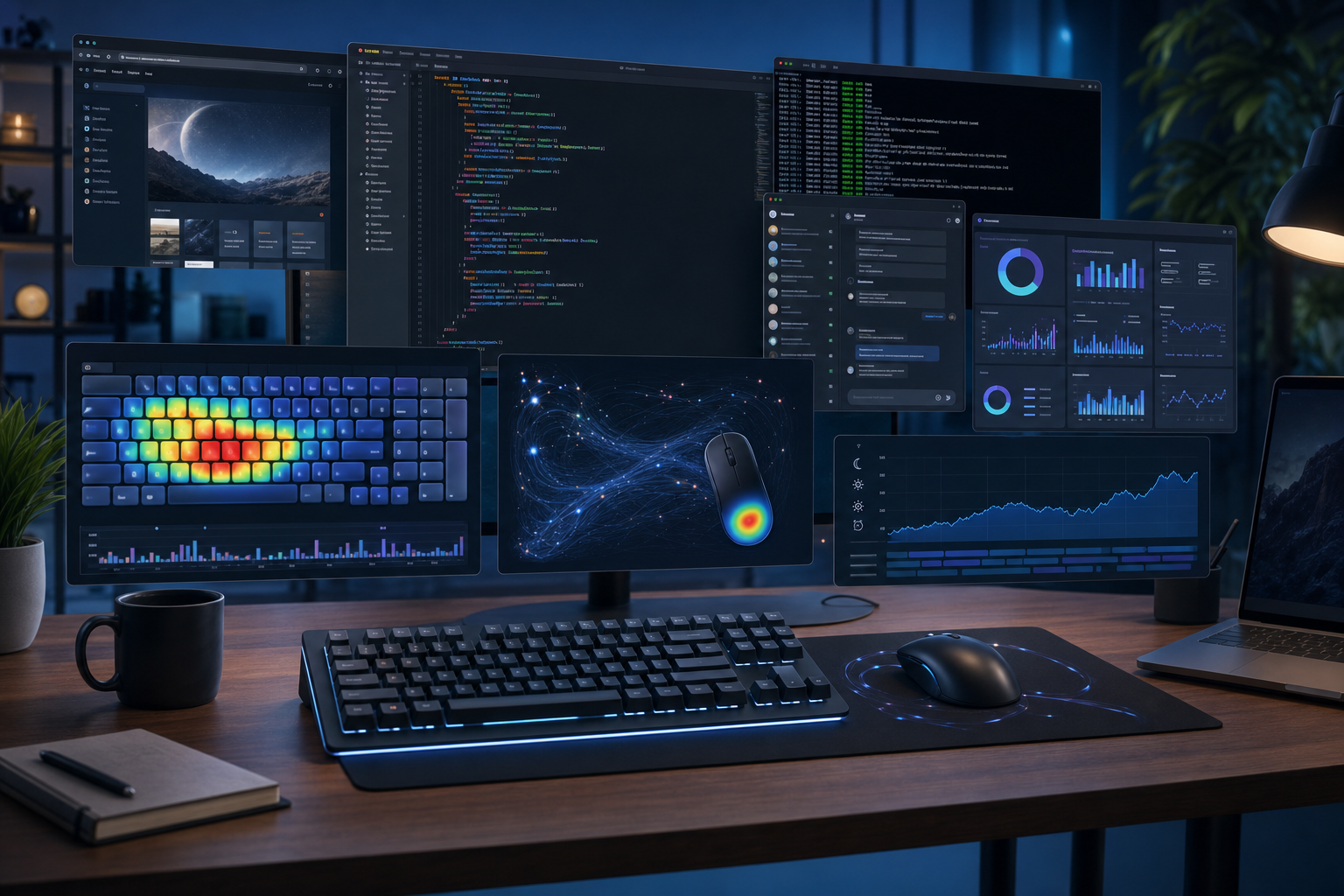 Developer desktop analytics scene with editor, browser, terminal, chat windows, keyboard heatmaps, and activity graphs