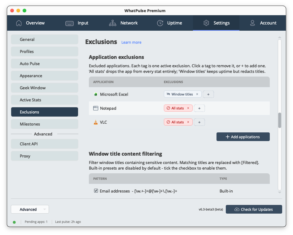 Turn title tracking off per app Application filters in WhatPulse 6.3