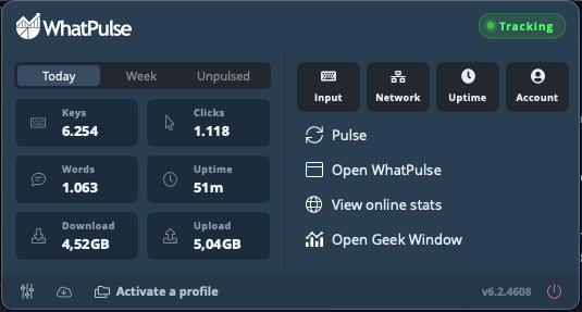 A quick stats dashboard in the tray Tray popup in WhatPulse 6.3