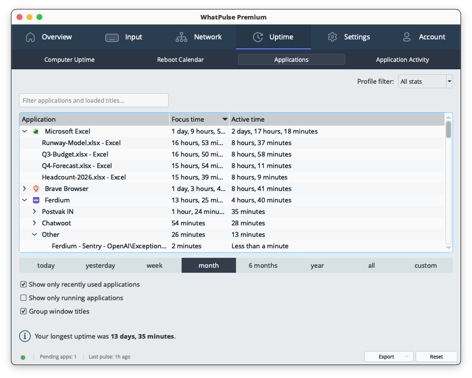 Uptime window title tracking in WhatPulse 6.3
