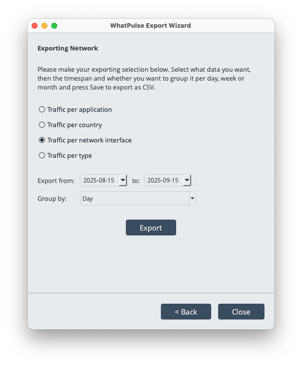 Network data export options for bandwidth and connection statistics