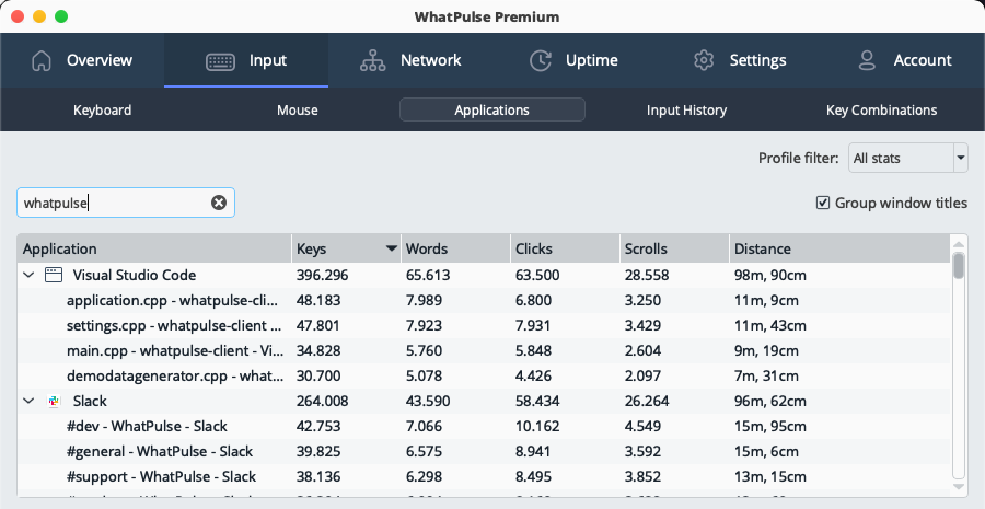 Screenshot: Input > Applications with search results for window titles