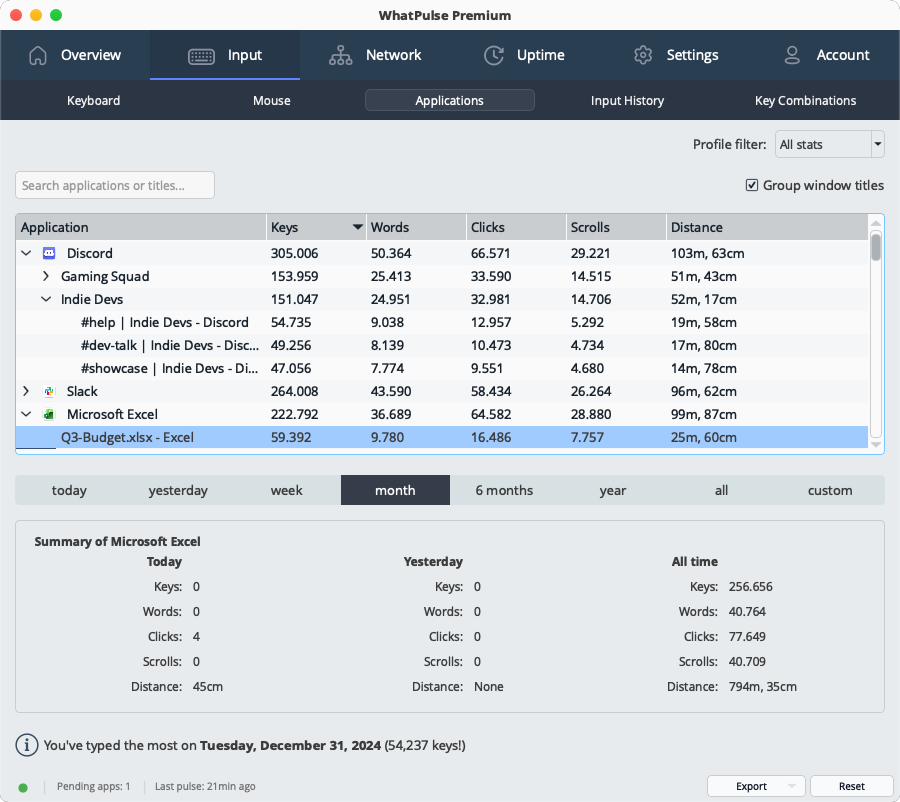 Screenshot: Input > Applications with an app expanded, showing per-title rows
