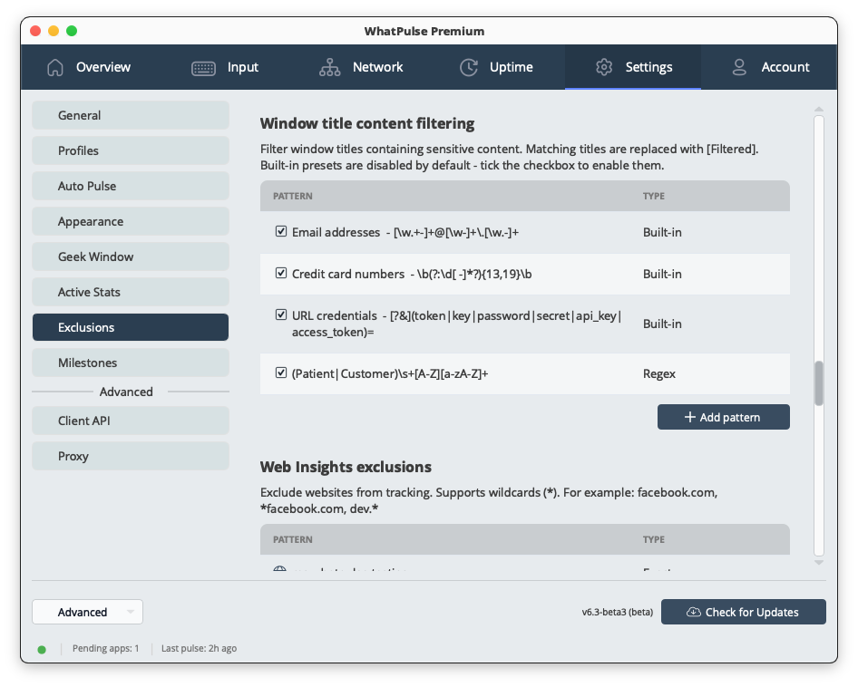 Privacy exclusions settings for controlling what data is collected and shared