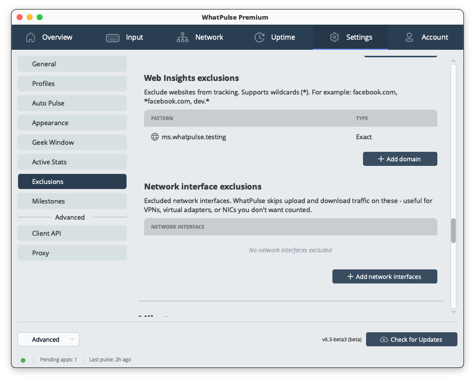 Privacy exclusions settings for controlling what data is collected and shared