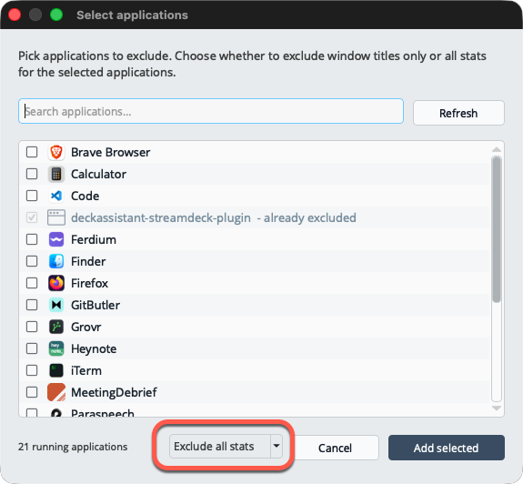 Screenshot: Select applications to exclude