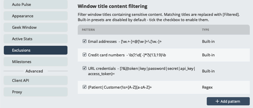 Screenshot: Window title content filtering with built-in filters