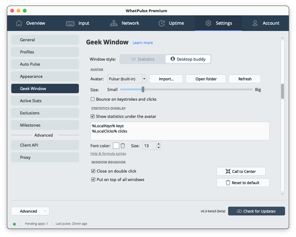 Screenshot: The Desktop buddy settings in Settings > Geek Window