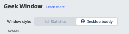 Screenshot: The 'Window style' toggle at the top of Settings > Geek Window, with 'Statistics' selected