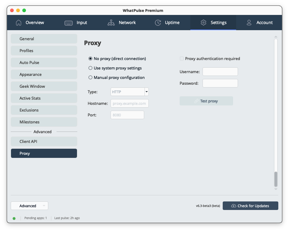 Proxy settings for configuring network proxy options