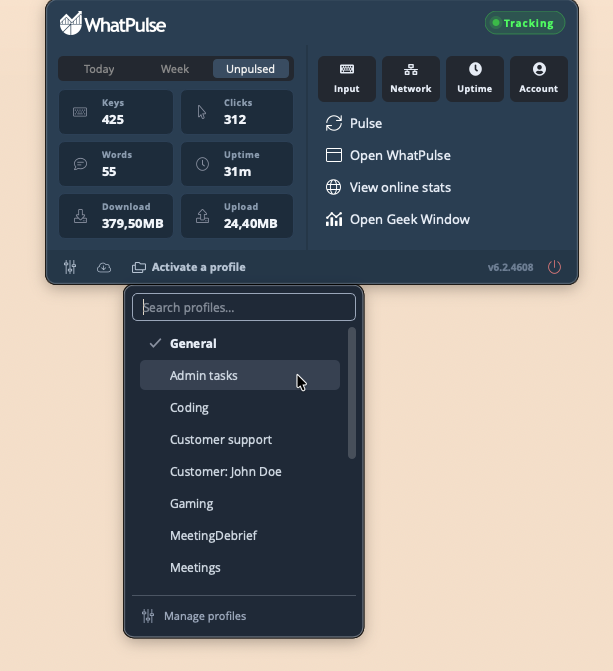 Screenshot: The tray popup with the profile dropdown open, showing a few profiles with the active one checked