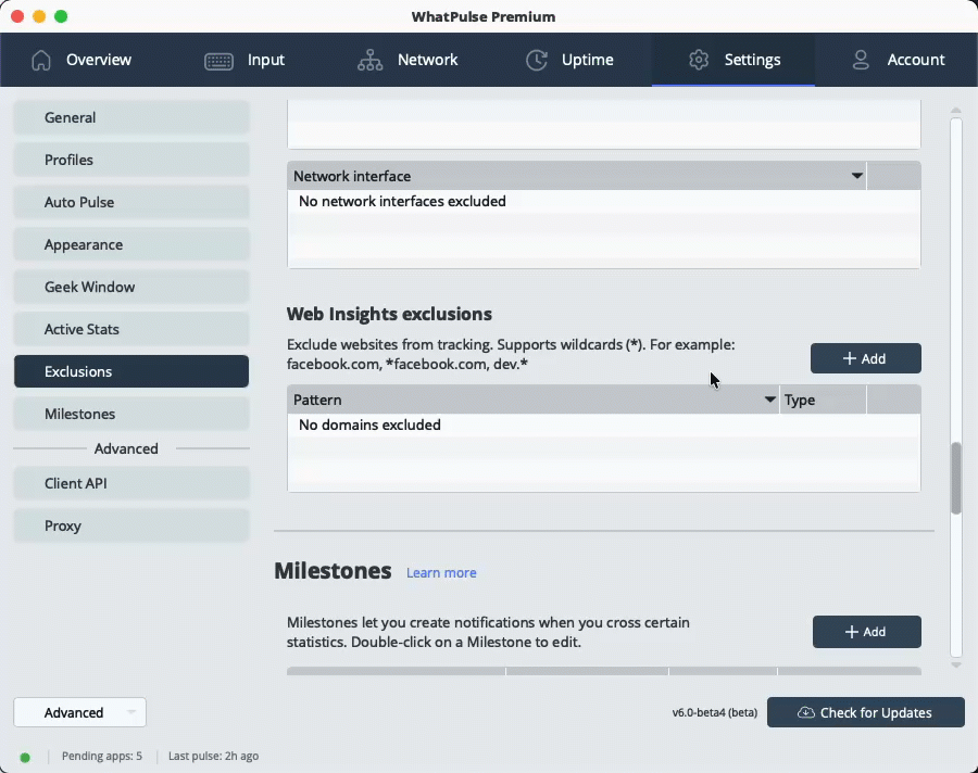 Excluding websites from Web Insights in WhatPulse